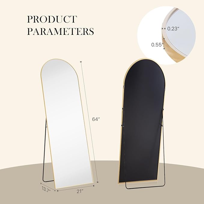 NEWBULIG 64"x21" Arched Full Length Mirror, Full Body Floor Mirror with Aluminum Alloy Thin Frame, Wall or Standing Mirror for Bedroom, Living Room, Dressing Room, Gold