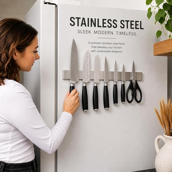 Magnetic Knife Holder 16 Inch Silver – Classic Stainless Steel Strip, Rack & Bar for Wall or Fridge, No Drill Adhesive Kitchen Organizer, Premium Gift by Pampavanna