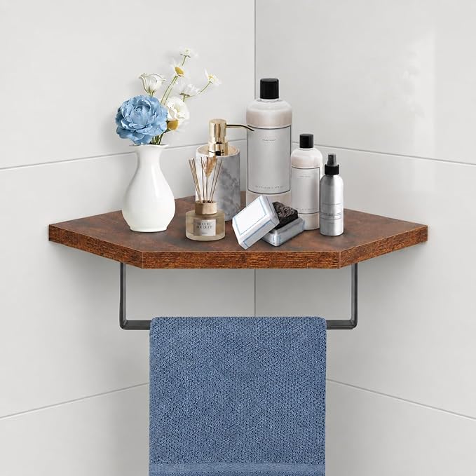 Hand Towel Holder/Towel Ring with Wooden Shelf, Hand Towel Rack, Hand Towel Hanger for Bathroom, Bath Accessories Wall Mounted, (Matte Black, 9.2"-Diamond Shaped)