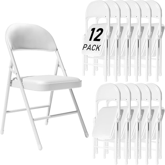 12 Pack White Folding Chairs with Padded Cushion and Back for Outside Portable Stackable Commercial Foldable Chairs with Steel Frame for Events Office Wedding Party, 350lbs Capacity