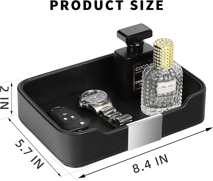 SANZIE Luxury Leather Tray Organizer Valet Tray Key Tray for Entryway Table Desktop Storage Catchall Tray Decorative Tray for Jewelry Keys Wallet Phone Watch (Metal Silvered, Black)