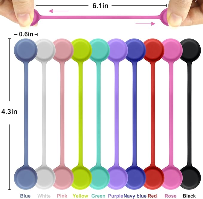 Motiloo Reusable Magnetic Cable Ties for Bundling and Organizing, Holding Stuff, Book Markers, Fridge Magnets Twist Ties(10 Colors - 10 Pack)