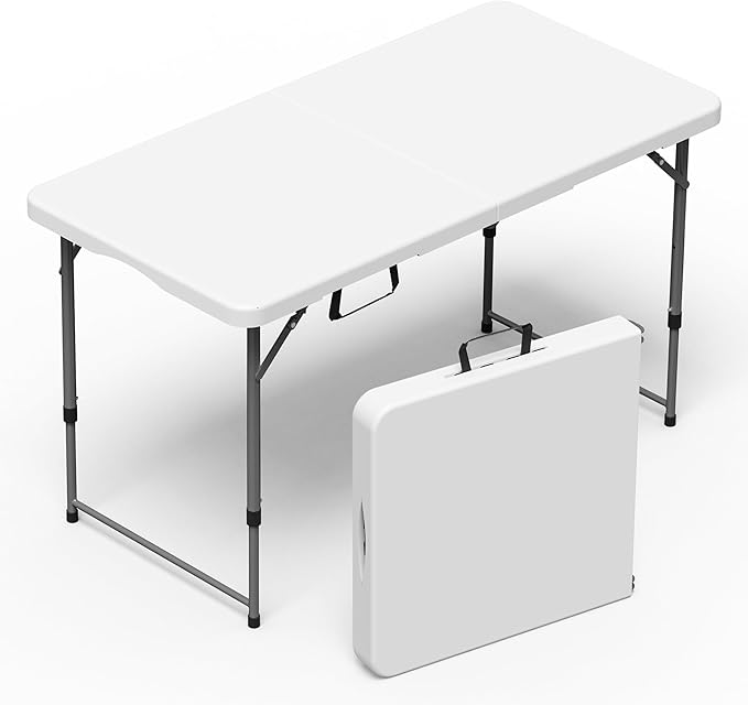 VSOAEIL Folding Table 4 Foot for Indoor Outdoor, Portable Heavy Duty Fold-in-Half Utility Small Plastic Adjustable Height Folding with Carrying Handle for Picnic and Party, White