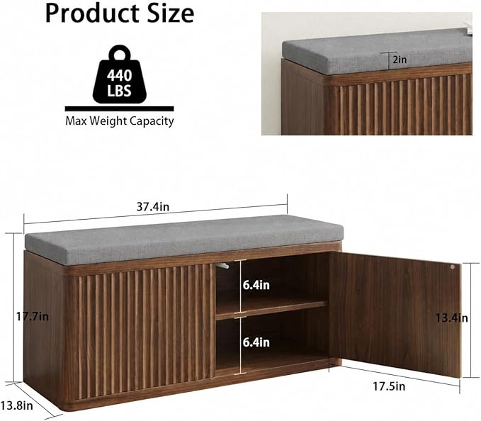 Double Layered Shoe Cabinet with Bench,Wooden Shoe Bench with Soft Cushion,Double Door without Handle Pressing Spring,Fluted Panel,Suitable for Entrance,Corridor and Living Room (Shoe Bench-Walnut)