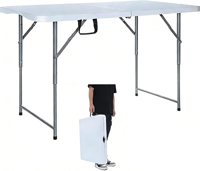 Lakhow Folding Table 4 Foot Portable Heavy Duty Plastic Fold-in-Half Utility Table with Carrying Handle,Indoor Outdoor Small Adjustable Height Folding,Camping and Party,White