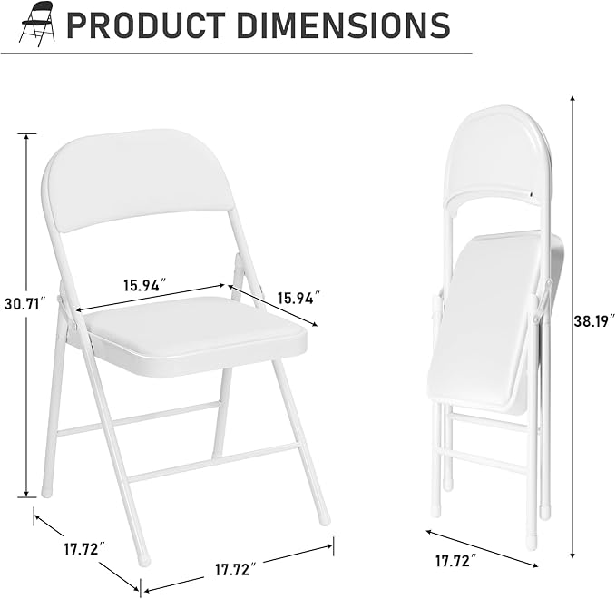Black Folding Chairs 4 Pack, 350LBS Heavy-Duty Steel Frame Padded Foldable Chairs for Indoor Outdoor Wedding Party Dining Events (White, 4 Pack)
