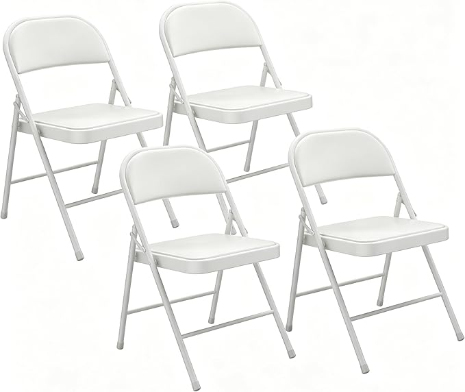 4 Pack Padded Folding Chairs, Portable Metal Foldable Chairs with Cushion, PU Leather Sturdy Indoor Outdoor Seating for Home, Office, Party, White