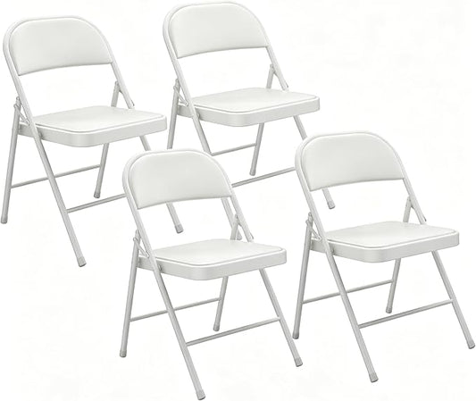 4 Pack Padded Folding Chairs, Portable Metal Foldable Chairs with Cushion, PU Leather Sturdy Indoor Outdoor Seating for Home, Office, Party, White