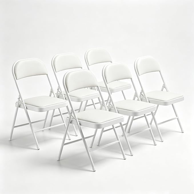 6 Pack Padded Folding Chairs, Portable Metal Foldable Chairs with Cushion, PU Leather Sturdy Indoor Outdoor Seating for Home, Office, Party, White