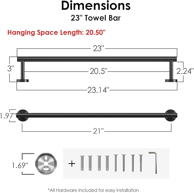 FORIOUS Towel Bar Wall Mounted, Stainless Steel Towel Racks for Bathroom, Includes Wall Mounting Hardware (Matte Black, 23 Inch)