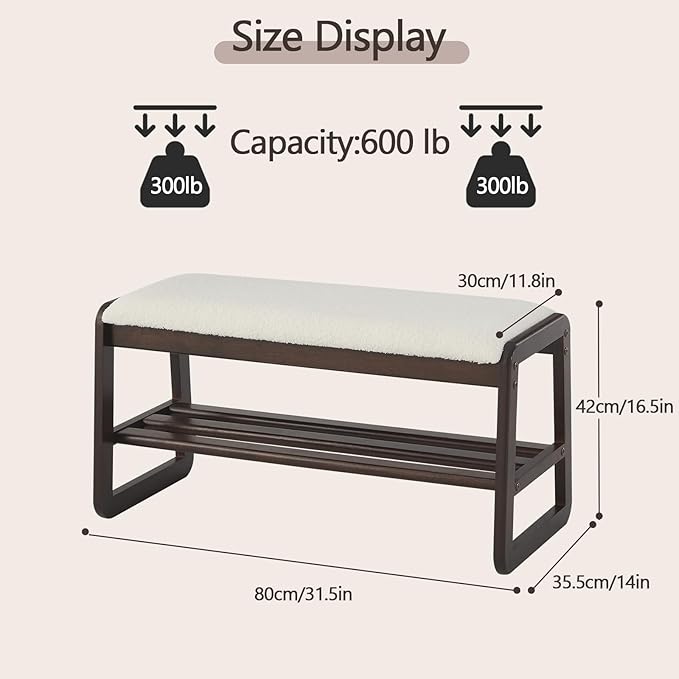 Achicsofar Shoe Rack Bench,2 Tier Solid Wooden Entryway Bench with Shoe Storage, Shoe Rack with Cushion for Living Room, Hallway(Cream White, 31.5")