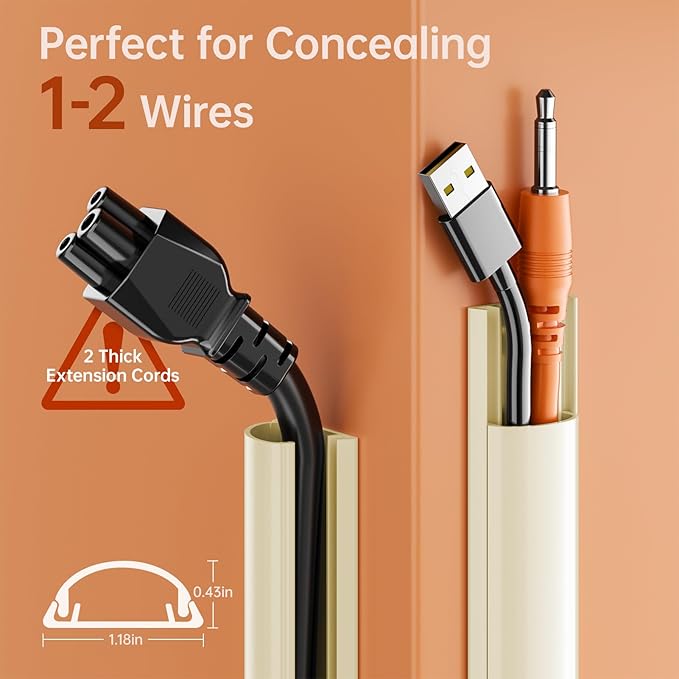 Delamu 42.5in Adhesive Cord Hider Wall, Mounted TV Cord Cover Kit, Multiple Cable Raceways for Wall Corner, Wire Cover Hiders for 1-2 Cables, 1.18" W X 0.43" H, Beige