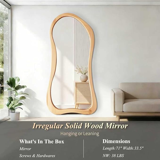 Irregular Full Length Mirror, 71"x33.5" Oversized Organic Floor Mirror with Solid Wood Frame, Asymmetrical Full Body Mirrors for Living Room Entryway Hallway Cloakroom, Leaning/Hanging