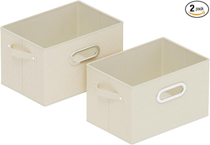 Foldable Cloth Basket with 4 Handles, Decorative Open Storage Boxes, Stackable Cube Organization, Fabric Bins for Shelves, Closet, Living Room, 10.2x7.9x6.7in, Beige, 2 Pack