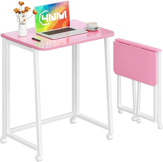 4NM 23.6" Mobile Small Folding Desk, Foldable Rolling Computer Home Office Desk, Study Writing Table for Small Space Saving Bedroom, with Wheels - Pink and White