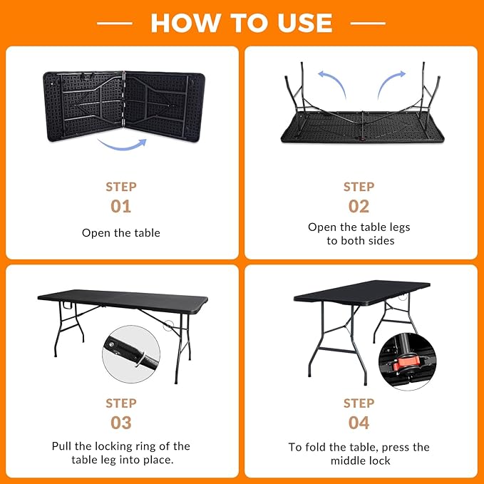 Lakhow Folding Table 6ft Heavy Duty Portable Plastic Fold-in-Half 6 Foot Foldable Table Indoor Outdoor with Parties, Camping Picnic,Folds in Half for Easy Storage, No Assembly Required, Black