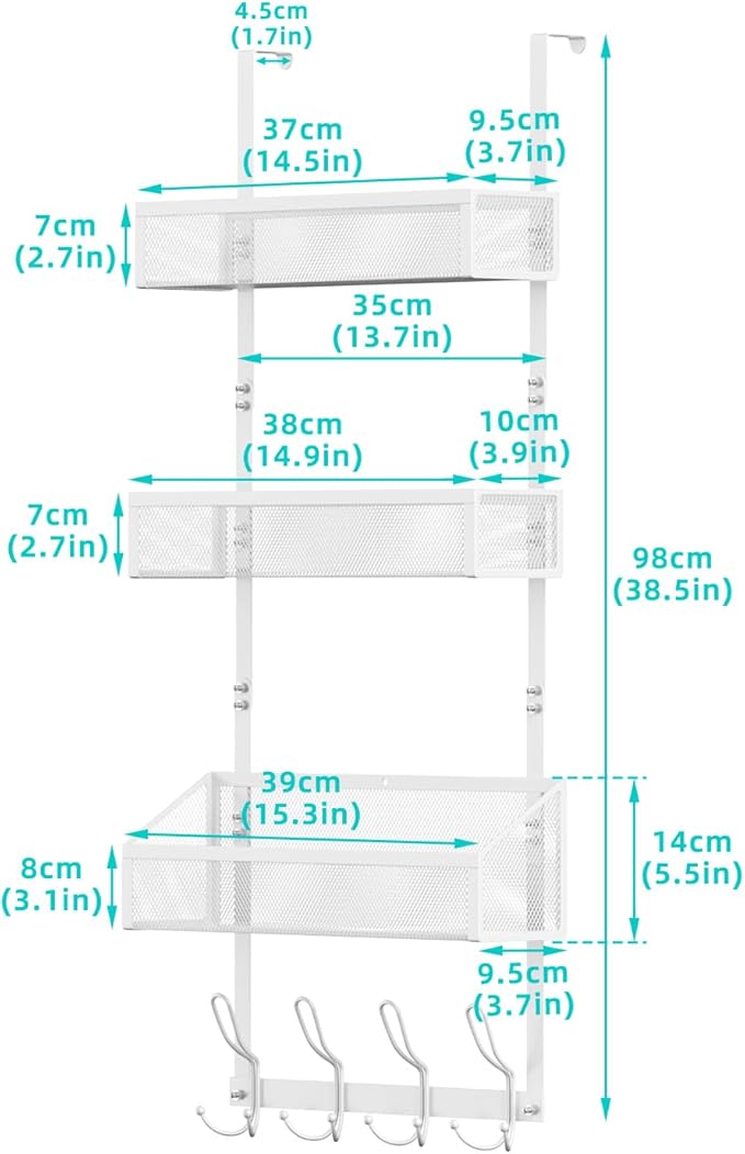 Over Door Hook Organizer 12 Hook Over The Door Organizer with 3 Mesh Baskets - Back of Door Storage Towel Rack Space Saving Storage Organizer for Bedroom, Bathroom, Kitchen, Pantry, White
