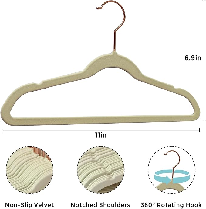 Tonswachic 50-Pack 11 Inch Baby Closet Hangers with 10 Clips - Soft Velvet Non-Slip Hangers for Infant & Toddler Clothes (Beige)