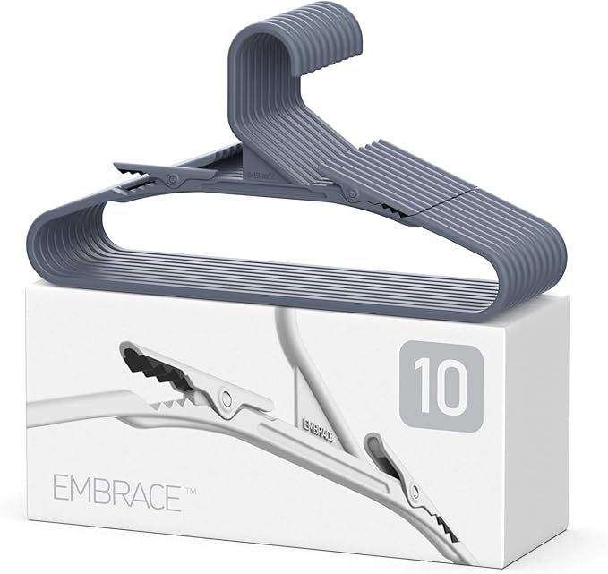 No Hassle-Hangers Best Clothes Hanger Ultra Soft Rubberized Grip Clip Keeps Garments in Place and Off the Floor. Perfect for Wide Neck Silks & Satin Tops, delicates, Athletic wear. (10, Slate Blue)