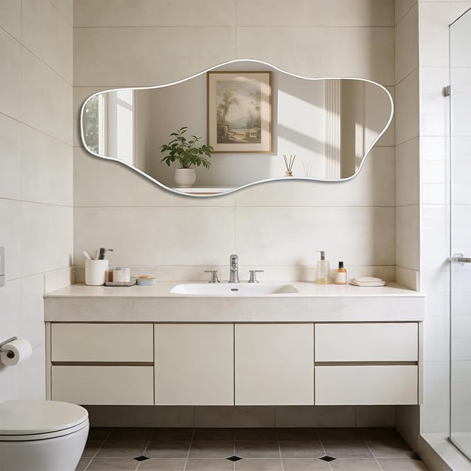 Irregular Frameless Mirror, 54.5"x24" Asymmetrical Tempered Glass Mirror, Modern Silver Organic Wall Mirrors for Living Room Bedroom Hallway Entryway, Horizontal or Vertical Hanging