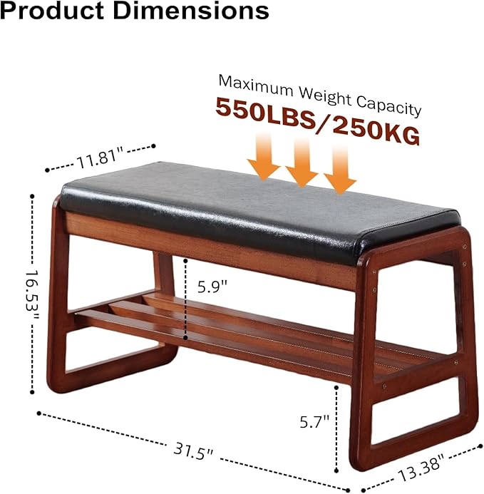 SOBIBO Solid Wood Shoe Bench, 2-Tier Wooden Entryway Bench, Modern Shoe Rack with Cushion for Hallway, Living Room (Black, 31.5'')