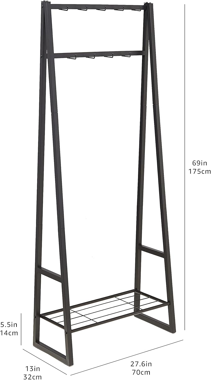 Amazon Basics 9 Hooks Coat Rack, Freestanding Entryway Shoe Bench with Metal 1-Tier Storage Shelf, Space Saving for Hallway and Bedroom, 13" D x 27.6" W x 69" H, Black