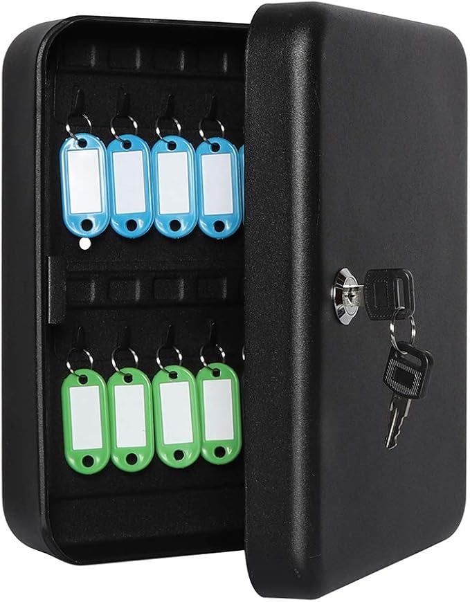 Jssmst Lock Keyboxes Wall Mount Security Key Storage Box, Locking Key Cabinet Wall Mount with 24 Key Hooks & Tags Key Labels, 9.84 x 7.87 x 2.95 inches, Black Matt