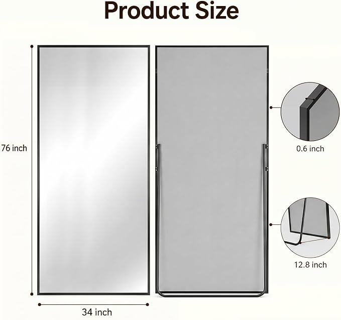 Antok Full Length Mirror, 76"x34" Floor Mirror with Stand, Hanging Mounted Mirrors for Bedroom, Living Room, Cloakroom, Dining Room, Black, Rect
