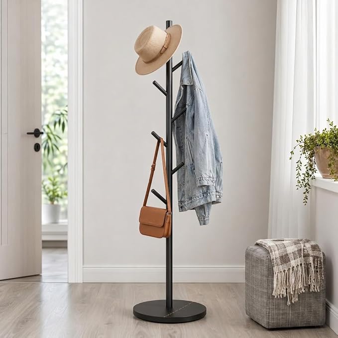 Heavy Duty Freestanding Coat Rack, Modern Hall Tree,7 Hooks, 3 Adjustable Height, Sturdy Metal Clothes hook stand with base for Entryway Bedroom Office for Coats Hats Handbags and Purses, Black