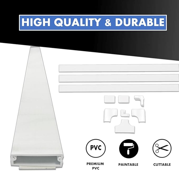 Kable Kontrol Cord Cover Cable Raceway Kit, 144”in Cable Cover Channel, Paintable Self-Adhesive Cable Management Wire Concealer, Cord Hider for Wall Mounted Tv, 1.25” W x 0.43” H – 10 Pcs – White