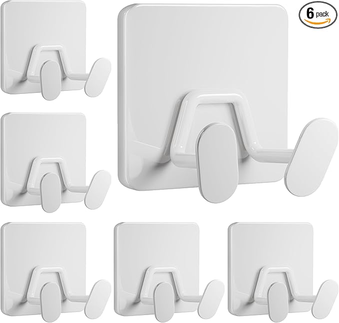 susswiff Adhesive Shower Hooks for Bathroom - Extra Sticky Stainless, Wall Hooks for Hanging Towel, Razor, Loofah, Robe, Coat, Heavy Duty Hanger for Kitchen, Bedroom, Door, Metal, Matt White, 6 Pack
