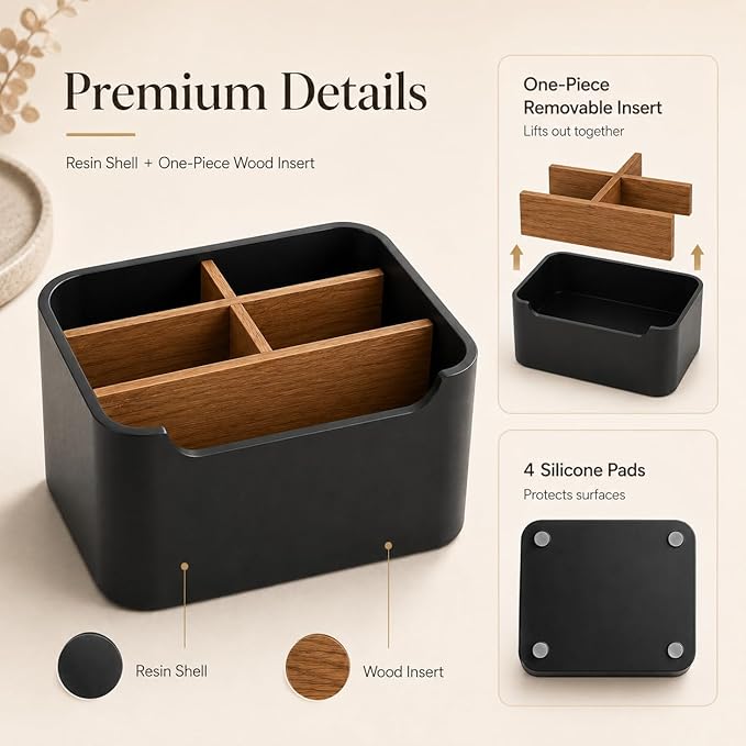 Remote Control Holder with Removable Wood Compartments for Media Devices, Desktop Stationery, and Bedside Nightstands, Black