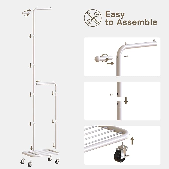 Small Clothes Rack with Wheels, 71" Portable Rolling Clothing Rack with Bottom Metal Shelf, Garment Rack with Hanging Rod, Sturdy Freestanding Coat Rack for Bedroom, Entryway, White