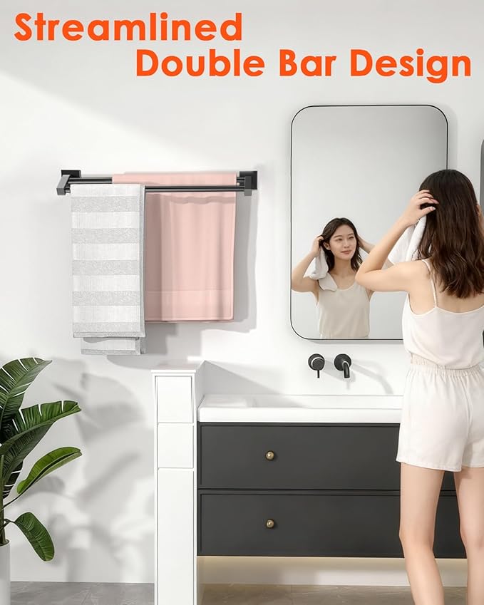 Alise Bath Double Towel Bars, 16 Inch Towel Holder Towel Racks for Bathroom Lavatory,SUS304 Stainless Steel Towel Hanger Towel Rail Wall Mount,Matte Black