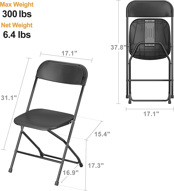 Allpop 4 Pack Plastic Folding Chair, 300lb Capacity, Portable Commercial Chair Seat with Steel Frame for Office Wedding Party Indoor Outdoor Events, Stackable, Black