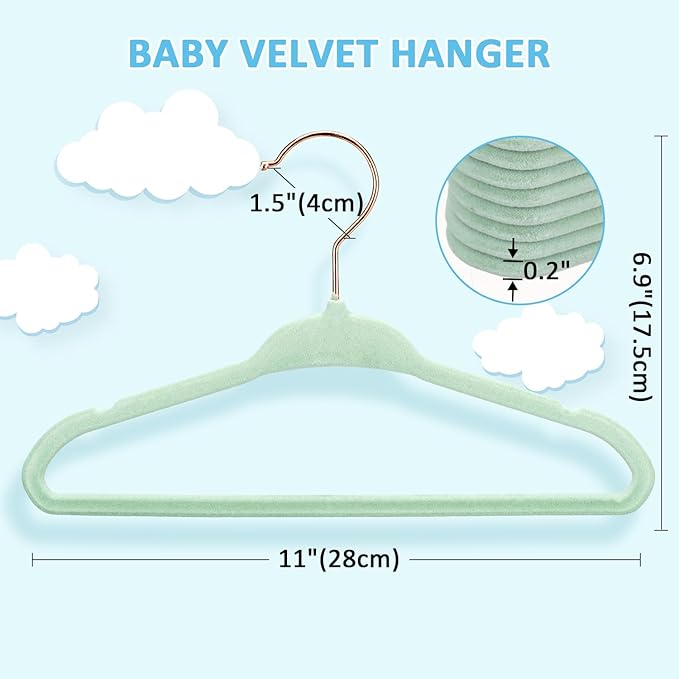 Tonswachic Baby Velvet Hangers 30 Pack - 11 Inch Premium Non Slip Kids Felt Hanger for Infant Clothes - Ultra Thin Baby Felt Hangers for Toddler Children's Closet with 10 Hanger Clips - Green