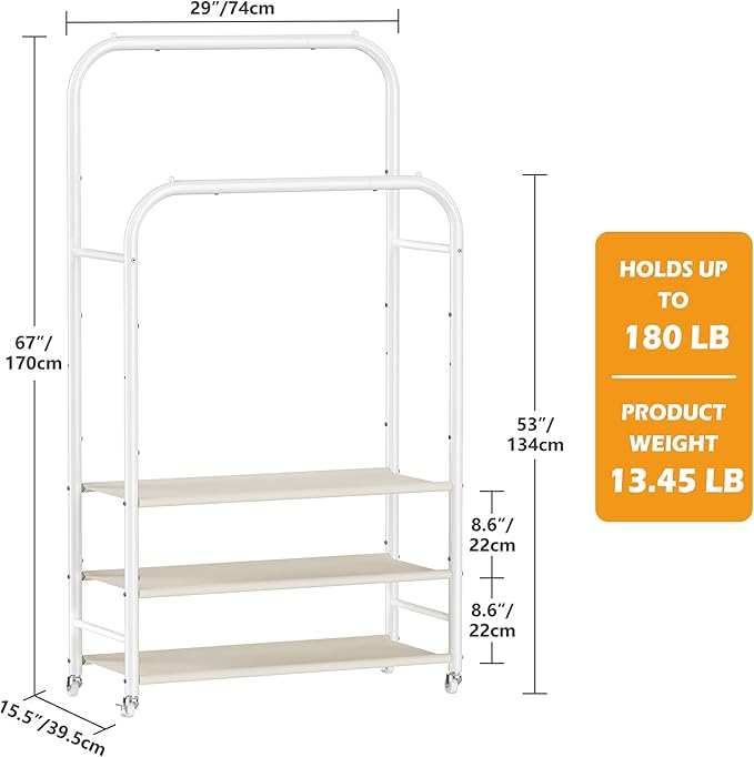 HOMIDEC Double Rods Clothes Rack Clothing Rack with 3 Tier Storage Shelves Clothes Rack for Hanging Clothes Multifunctional Heavy Duty Clothes Organizer for Bedroom,Wardrobe Closet,Shop,White