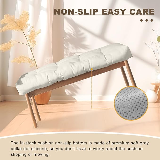 Bench Cushion 48 inches,Indoor/Outdoor Non-Slip Tufted Cushions, Premium Waterproof Linen, Soft Piano Sofa Cushions, High-Density Memory Foam(White-48x16 x 4 in)