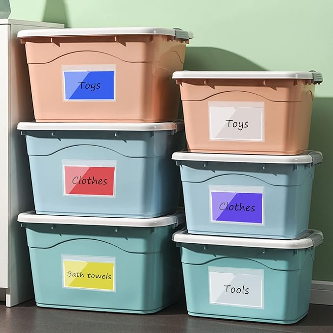 Outus 200 Pack 5 x 8.4 Inch Self Adhesive Label Pockets Bulk Plastic Labels Holders for Storage Bins Clear Classroom Nameplate Sleeves Index Card Tote Photos Waterproof Protect Office