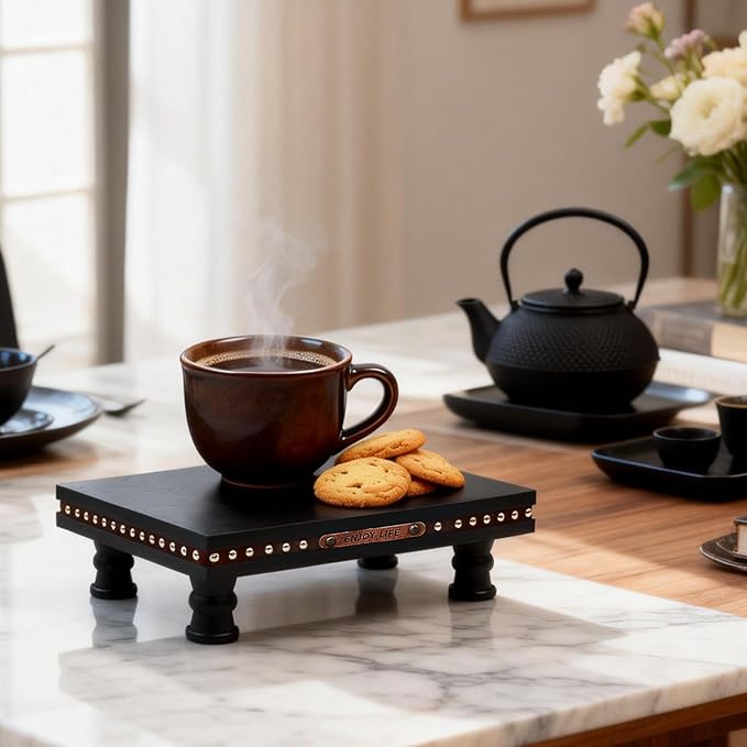 Wood Tray Pedestal Stand, Waterproof Bathroom Counter Organizer, Modern Farmhouse Riser for Soap/Candle/Sponge Black Small