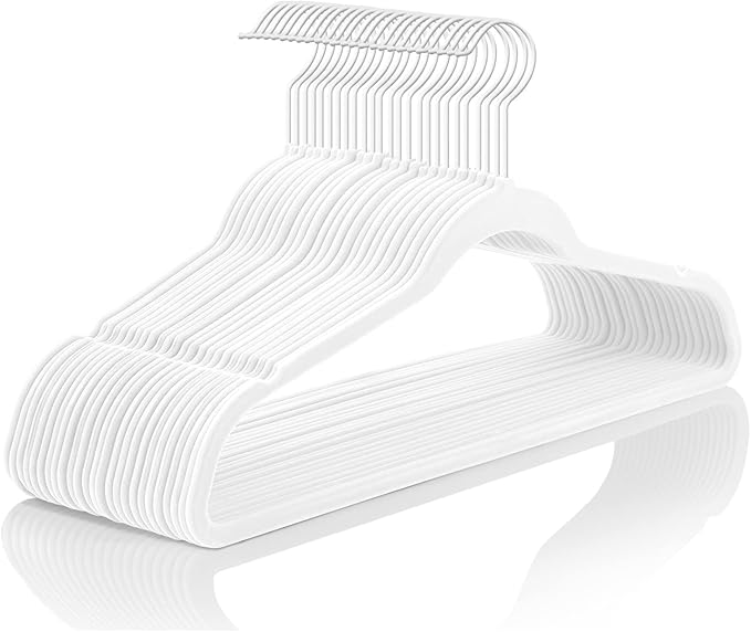 MIZGI Premium Velvet Hangers - Heavy Duty (60 Pack) with Non Slip Felt - Space Saving Velvet Suit Hangers (White, White Coated Hooks)