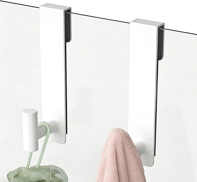 PMMASTO Shower Door Hooks, (7.5 Inch) Extended Towel Hooks for Bathroom Frameless Glass Shower Door, Stainless Steel Heavy Duty Hooks (White, T Shape-Fits 3/8" Thick Door)