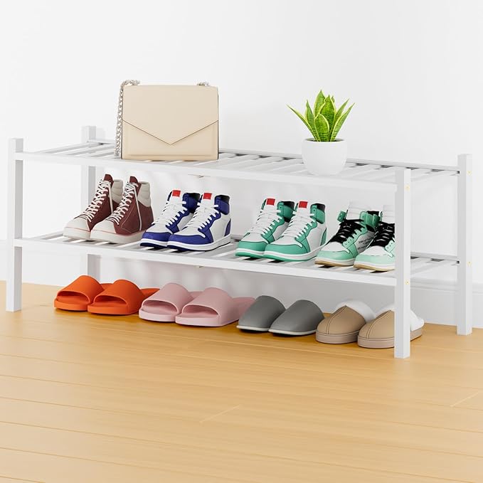 Smiry Long Bamboo Shoe Rack, 2 Tier Free Standing Wooden Shoe Organizer, Stackable Wood Shoe Storage Shelf for Closet, Entryway, 14 Vertical Slats, One-piece Heavy-Duty Legs, 33.7"x11"x13", White