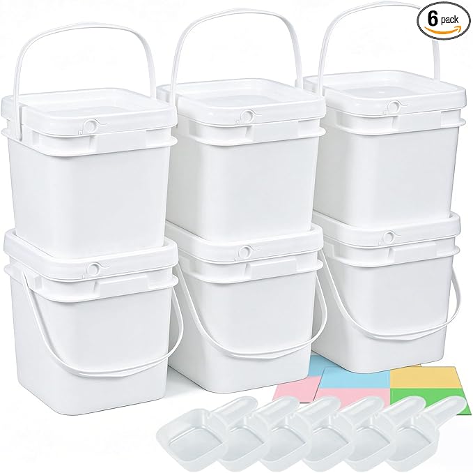 DEMORA 34oz Food Grade Square Plastic Bucket with Lid, Airtight Storage Container, Reusable Pail for Kitchen Food Water Ice Cream Household Use (White, 6Pcs)