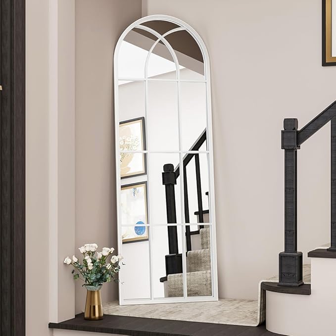 OGCAU Full Length Arched Floor Mirror, 65"x22" Window Pane Design, Decorative Hanging or Leaning, Full Body with Iron Frame for Bedroom Living Room (White)