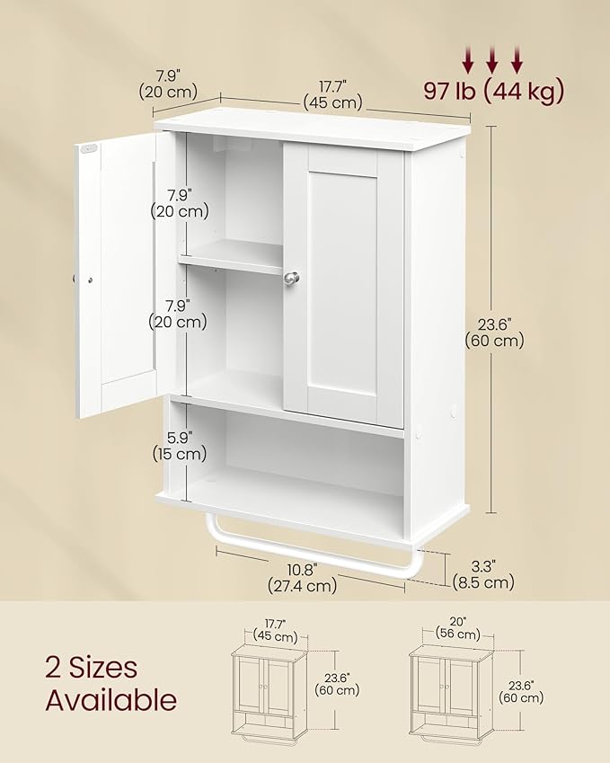 VASAGLE Siren Collection - Hanging Bathroom Cabinet with Towel Rod, Farmhouse Wall Storage Cabinet, with Adjustable Shelf, and Doors, 7.9 x 17.7 x 23.6 Inches, Cloud White UBBK148WB01S