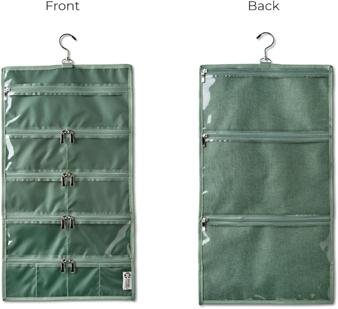 On-The-Go Organizer, 14 Clear Vinyl Pockets, Hanging Travel Case for Makeup and Accessories, 13.5 x 24 inches (Moss, Large)