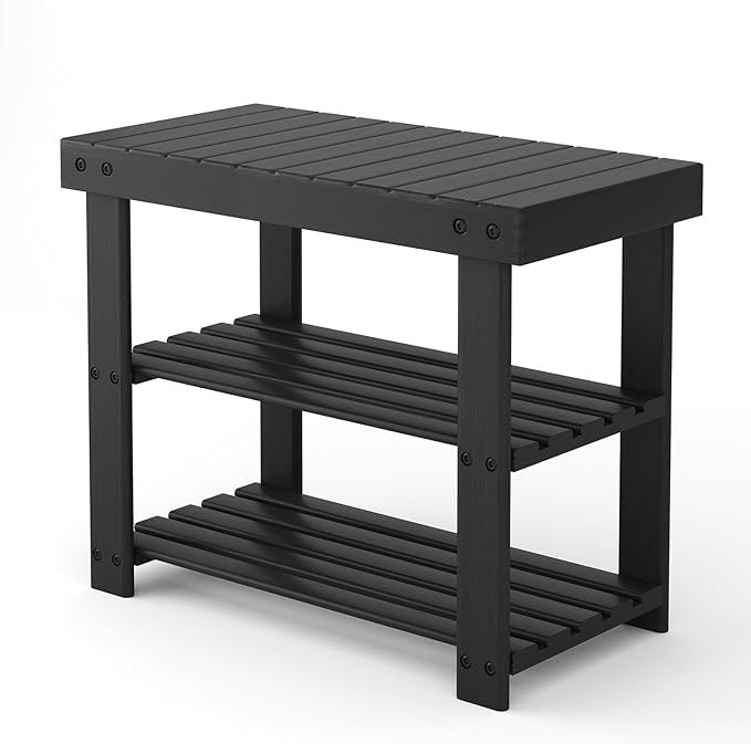 NEWBULIG Shoe Rack Bench, 3-Tier Bamboo Shoe Organizer, Wooden Entryway Storage Bench, 286 lb Load Capacity, 11.2x19.7x17.9 Inches, for Entryway Bathroom Bedroom Balcony, Black