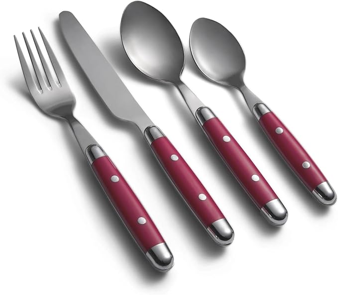 Cambridge Silverware Sets, Jubilee Red 16-Piece Flatware Set, Red Thick Handles, Service For 4, 18/0 Stainless Steel, Dishwasher Safe, Knives Spoons Forks, Kitchen Utensils Set (Red/Silver, 16 Piece)