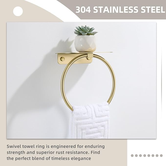APLusee Brushed Gold Towel Ring with Shelf, 304 Stainless Steel Wall Mounted Hand Towel Holder for Bathroom, Space-Saving Design